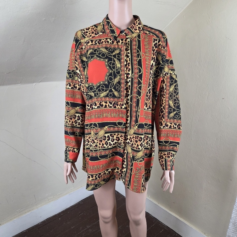 ASOS Leopard Chain Print Oversized Button Down Shirt Blouse 10 Baroque Red Black